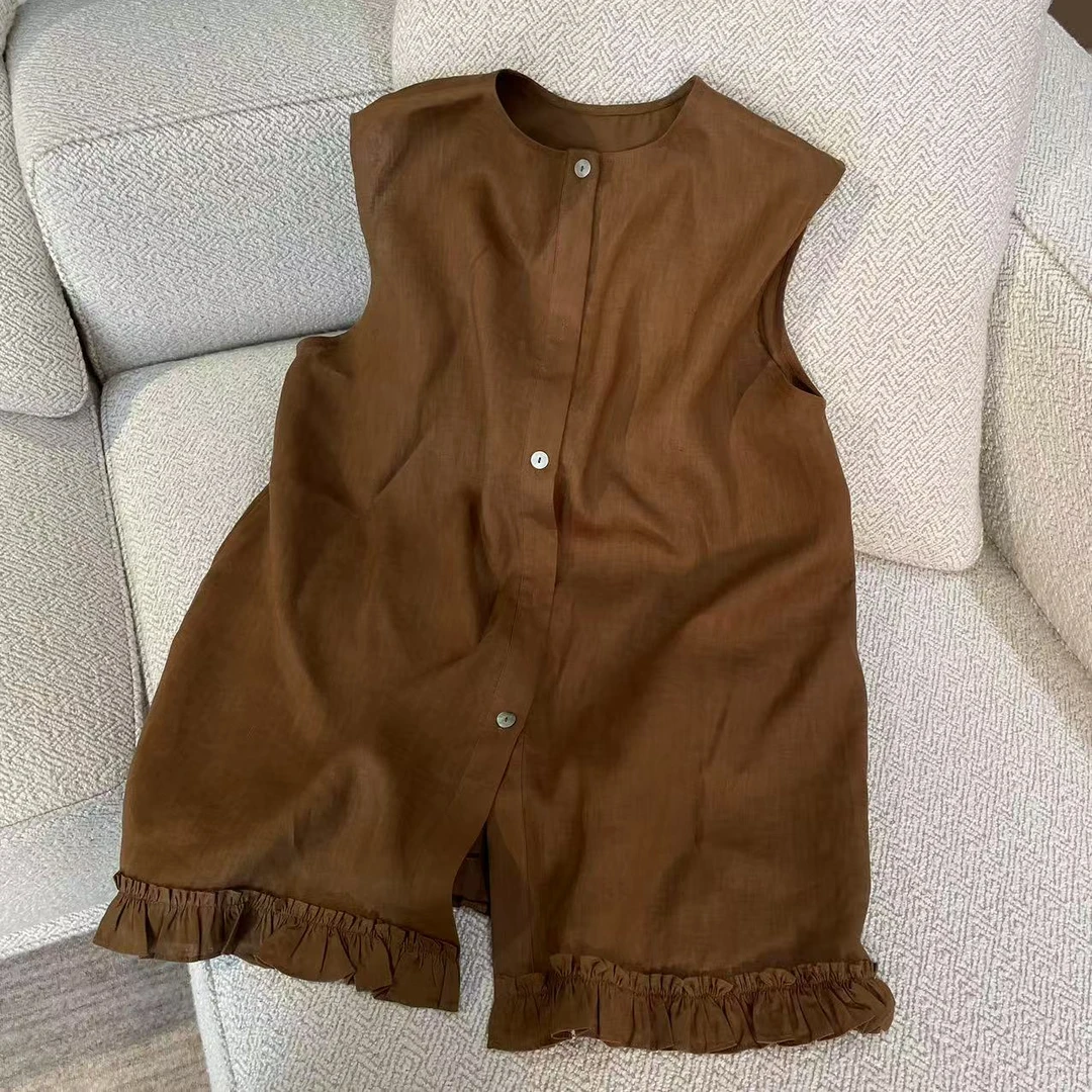 时尚2025夏季新款圆领无袖T恤棉麻衬衫背心女下摆拼接木耳花边潮