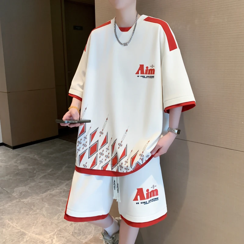 夏季新款两件套圆领男生青少年学生短袖短裤薄款宽松休闲运动套装