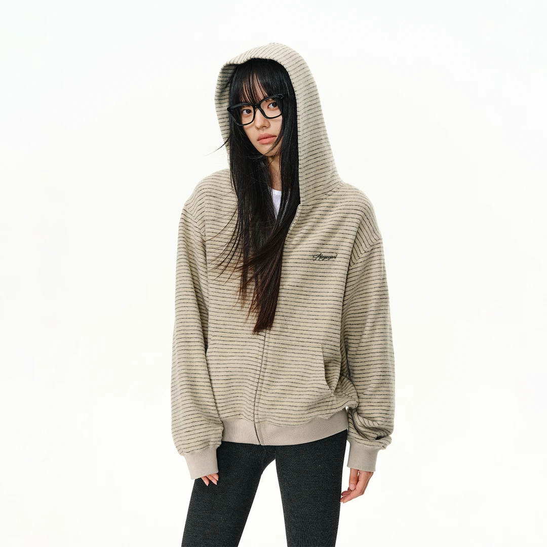 ATRY条纹连帽拉链外套男2025新款小众设计感休闲宽松美式开衫卫衣