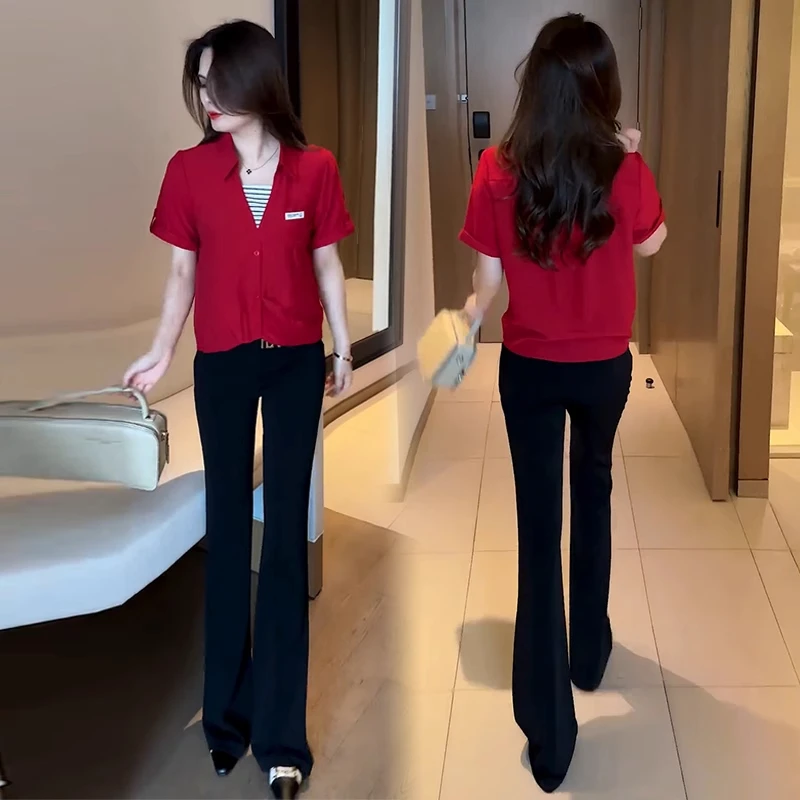 时尚假两件衬衫女2025夏季新款洋气质宽松遮肚子显瘦微喇裤两件套