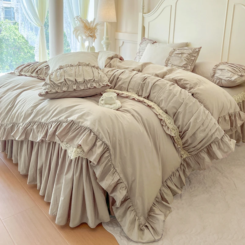 法式全棉花边床裙四件套轻奢高级感荷叶边被套公主风超软床上用品