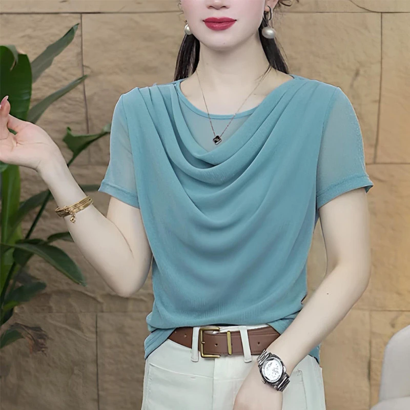 俞兆林2025新款夏季时尚气质洋气堆堆领恤中年女短袖百搭小衫上衣