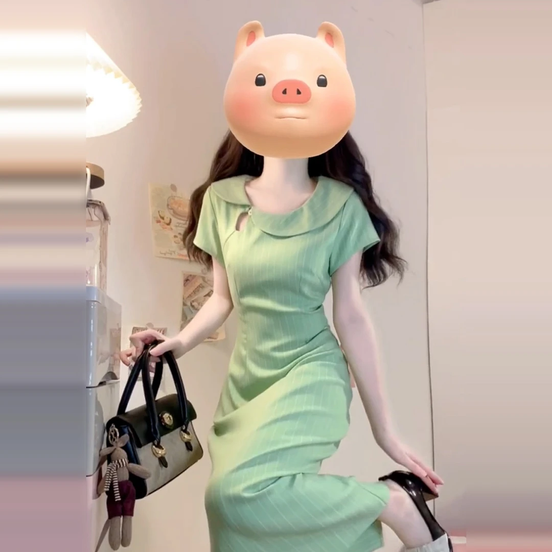 改良旗袍绿色镂空连衣裙法式高级感收腰国风裙子2025夏季新款长裙