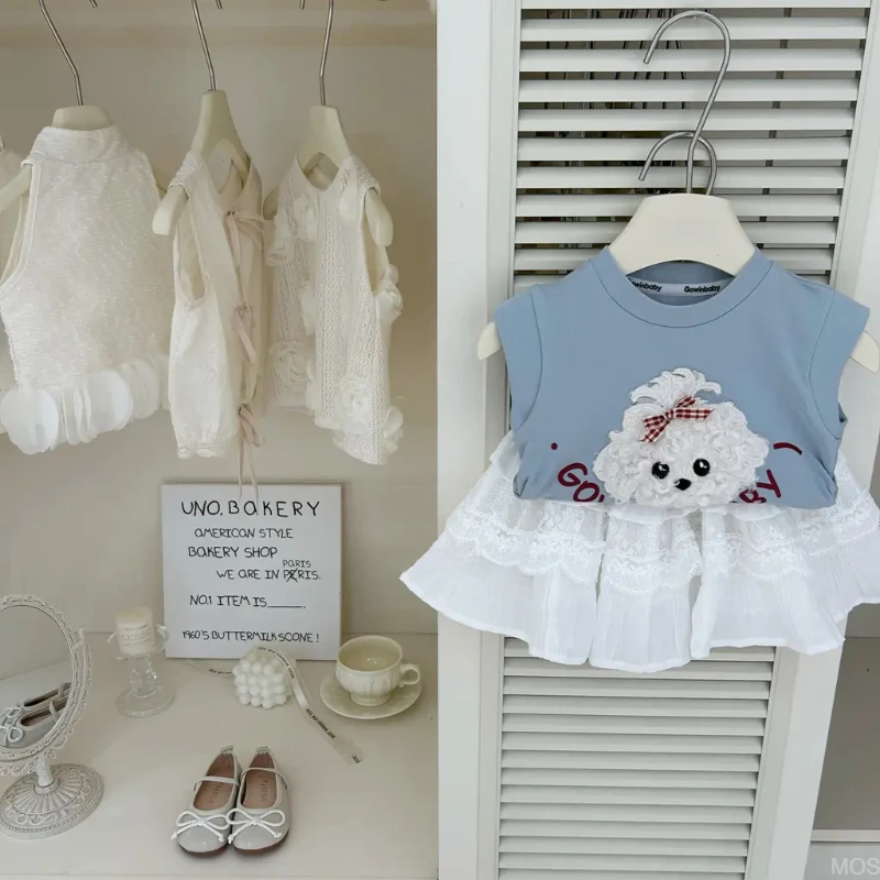 夏季新款白色T恤蕾丝半身裙两件套装上衣小狗女童蓝色