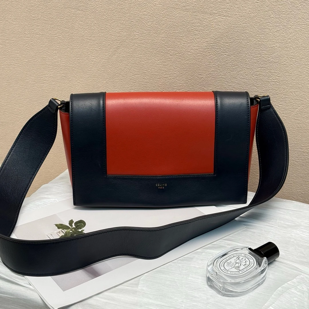 95新 Celine/思琳 砖红色拼藏青色牛皮翻盖单肩包/622614892