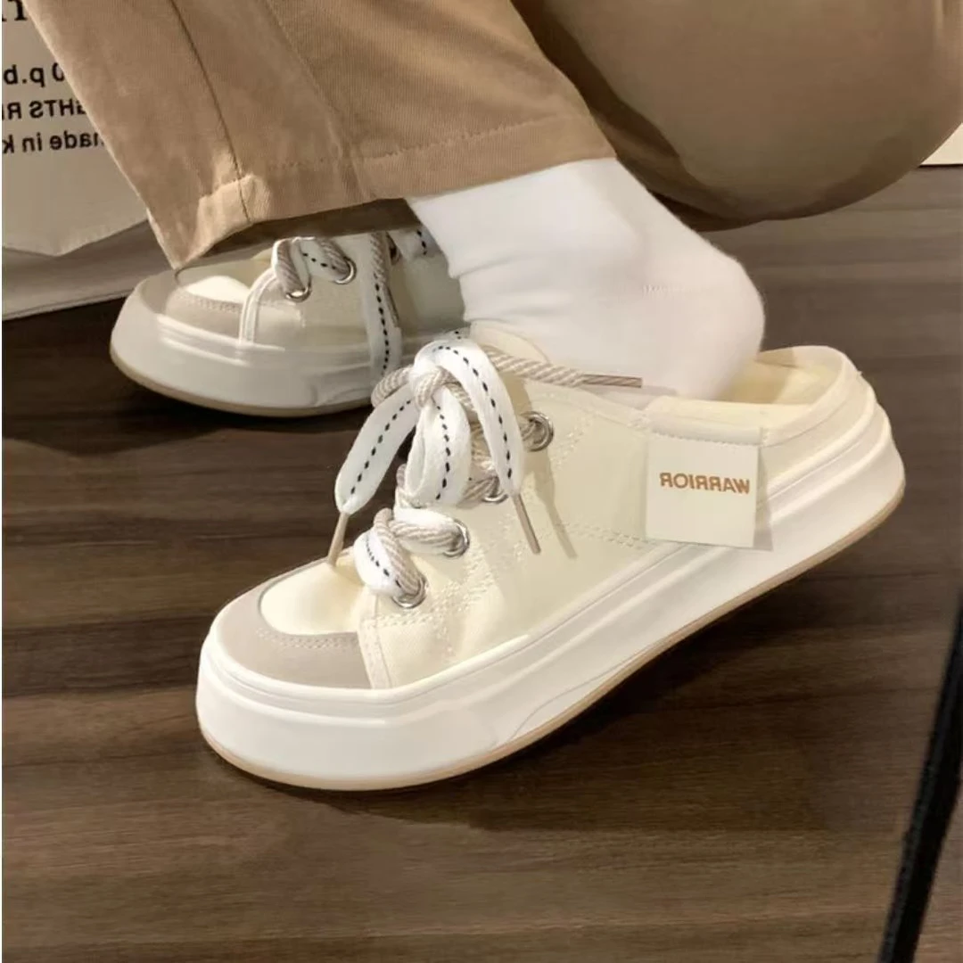 回力半托帆布鞋女鞋夏季拖鞋一脚蹬懒人2025新款女鞋法式森系拖鞋