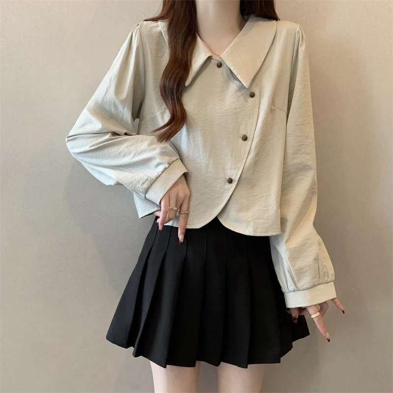 不规则长袖打底衬衫女春季大码胖mm法式短款上衣时尚洋气小衫