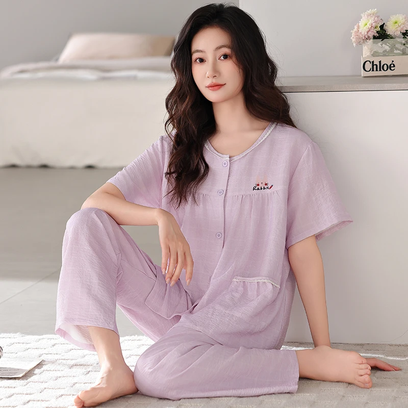 2025新款女士圆领100%纯棉睡衣短袖长裤香芋紫睡衣套装家居服