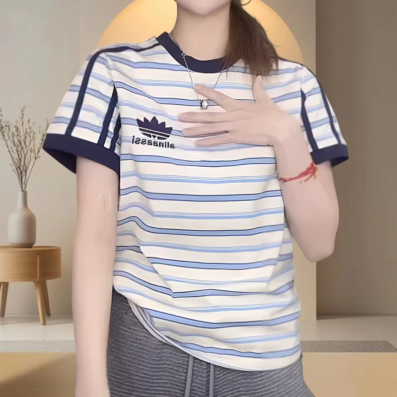 欧货条纹正肩t恤女短袖2025夏季新款休闲百搭宽松大版型圆领上衣