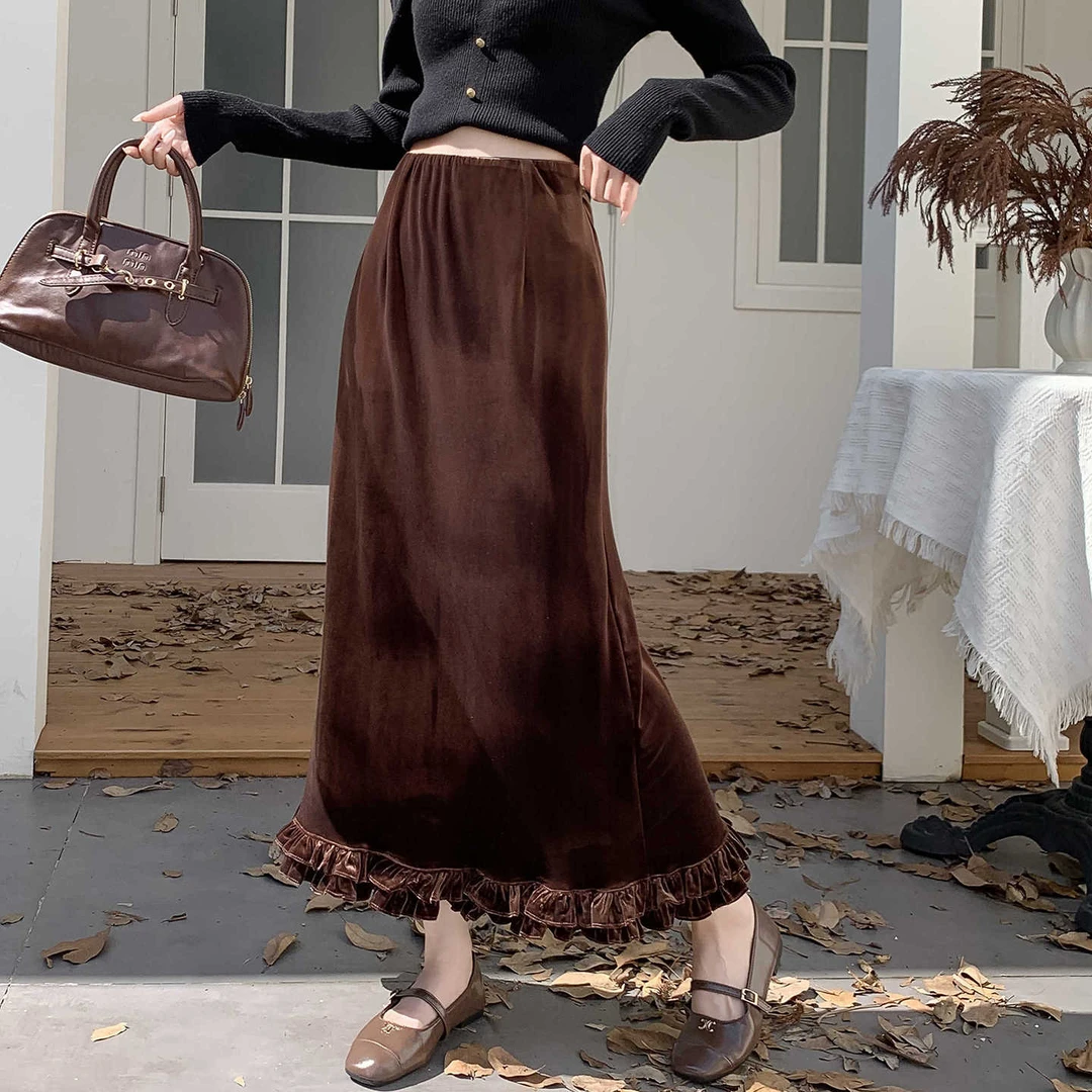SM潮流韩版高腰松紧金丝绒半身中长裙秋季新款洋气花边开叉直筒裙