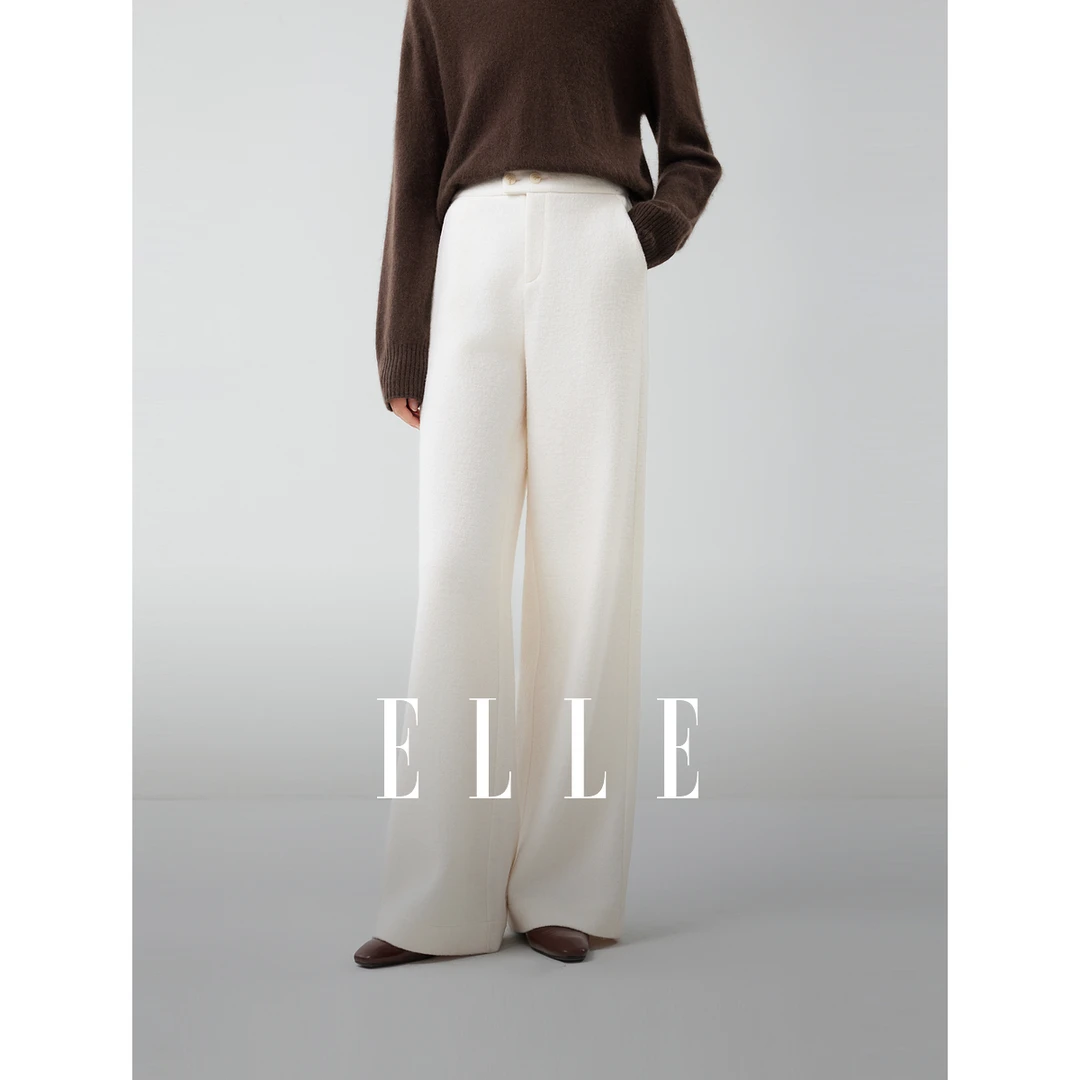 ELLE女装垂坠感休闲裤25冬季新款松紧腰通勤阔腿裤子L8WKW047