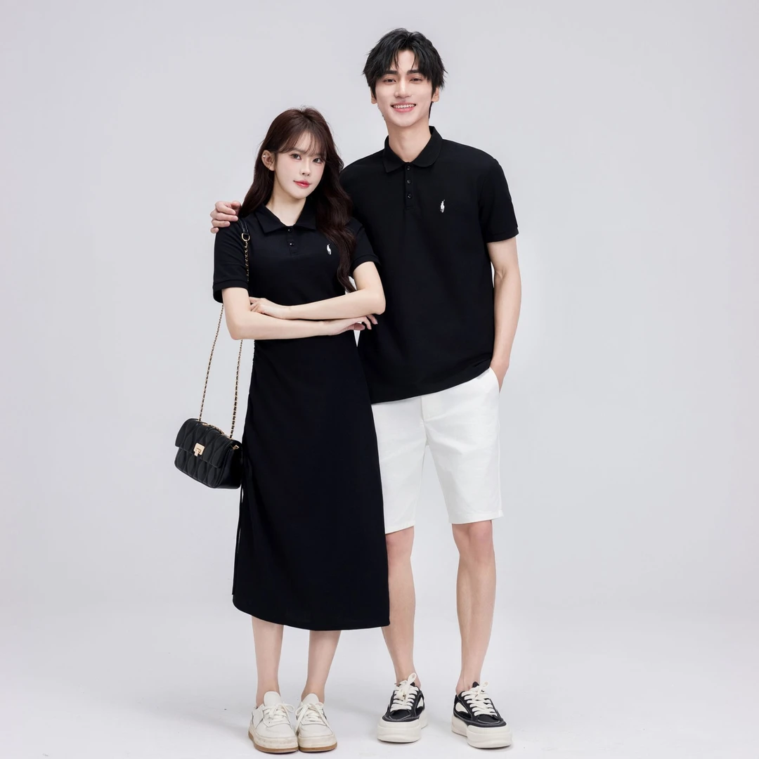 2025年新款情侣装夏装高级感POLO翻领长裙男T恤修身显瘦一衣一裙