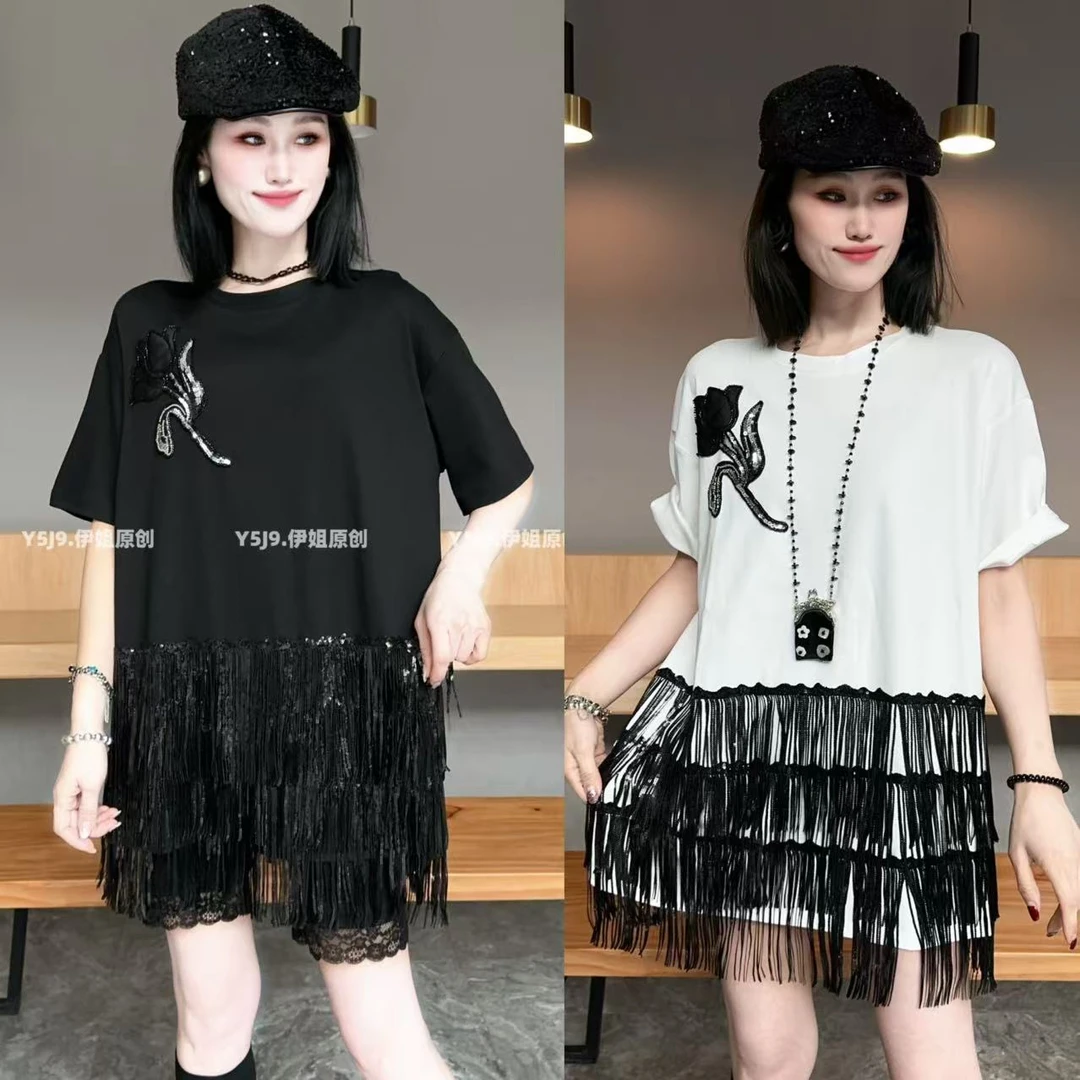 【YJ·高定】2025春夏设计感蕾丝宽松显瘦连衣裙百搭半袖女 YY1889