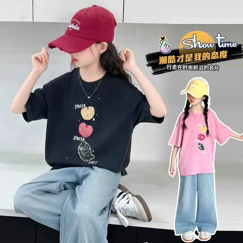 女童韩版洋气印花T恤牛仔裤套装中大童潮流直筒阔腿裤2025款