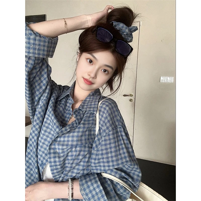 韩系复古蓝色格子衬衫外套女夏新款宽松格纹防晒衬衣长袖休闲上衣