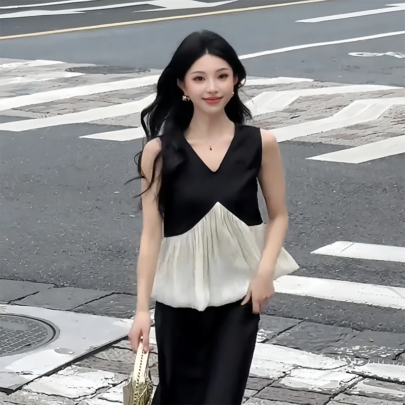 法式设计感撞色拼接无袖衬衫女夏季新款收腰显瘦衬衣时尚背心上衣