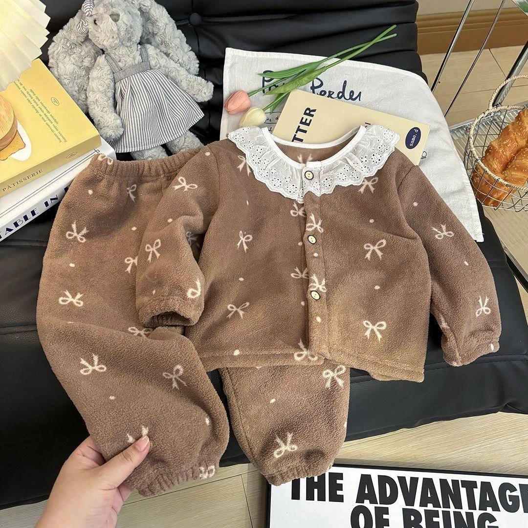 新款儿童保暖套装秋冬款男童外穿女童加绒对襟睡衣宝宝加厚家居服