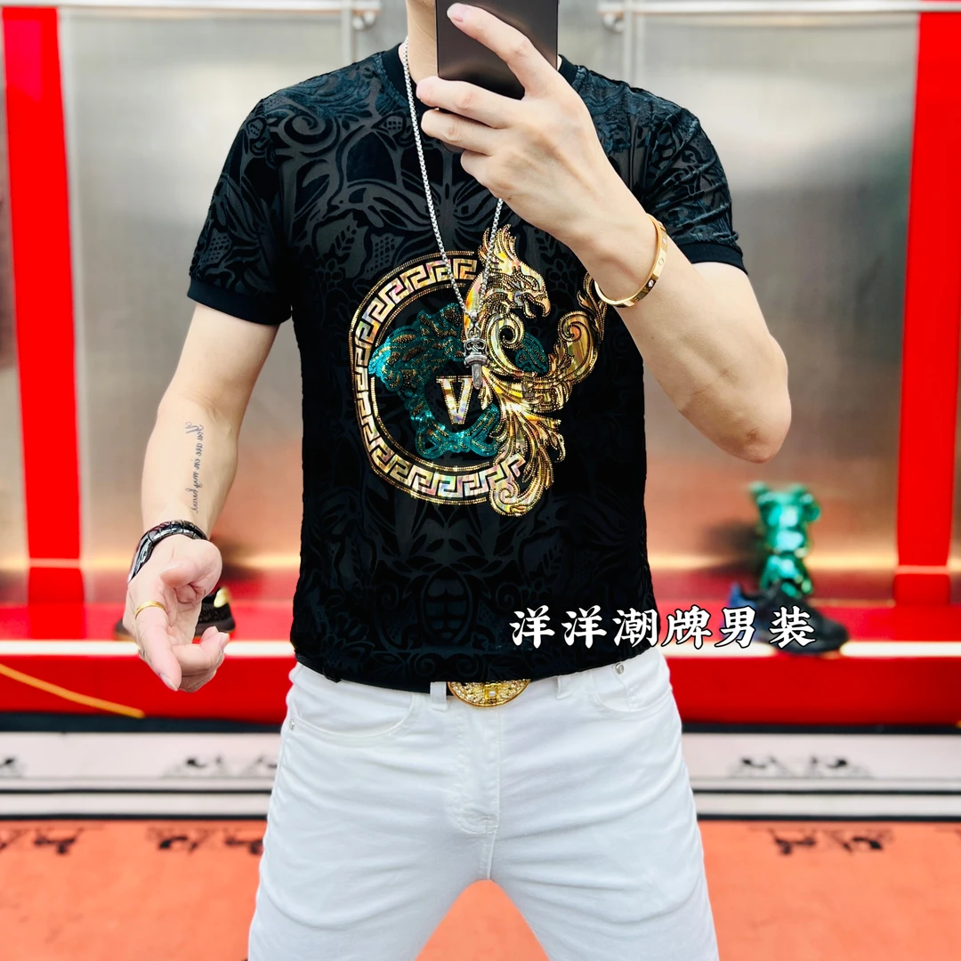 洋洋家 男士夏季休闲时尚圆领冰丝植绒提花修身百搭个性薄款短袖