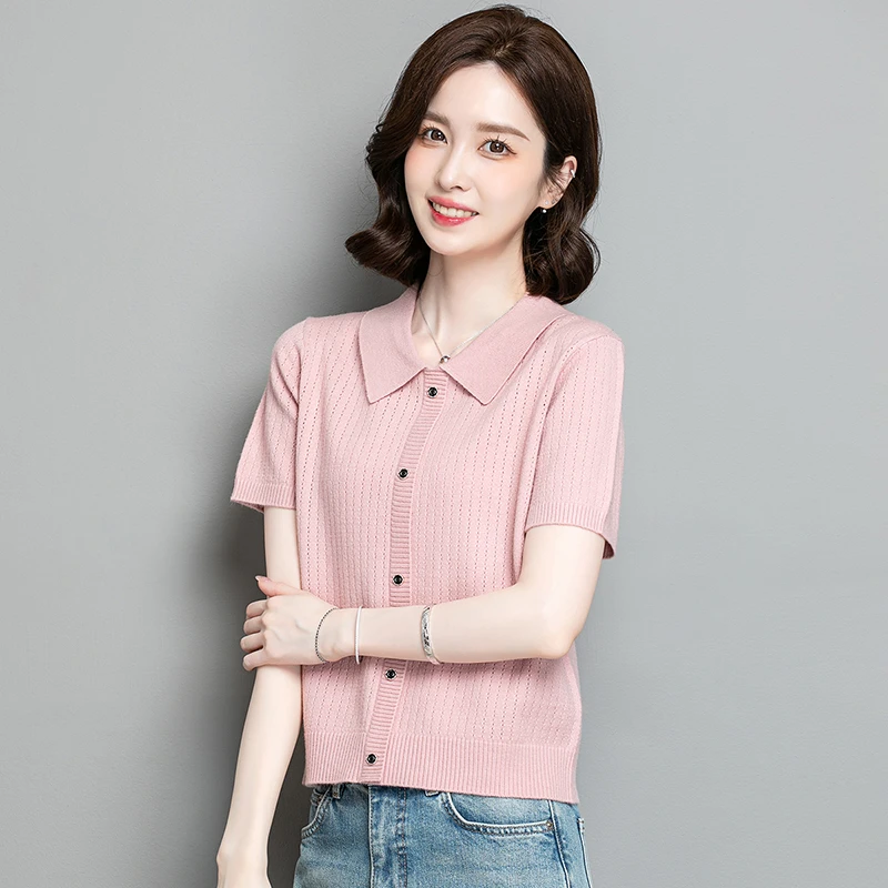 熹柔秋季新款薄款短袖针织衫方领时尚假开衫纯色亲肤毛衣百搭短款