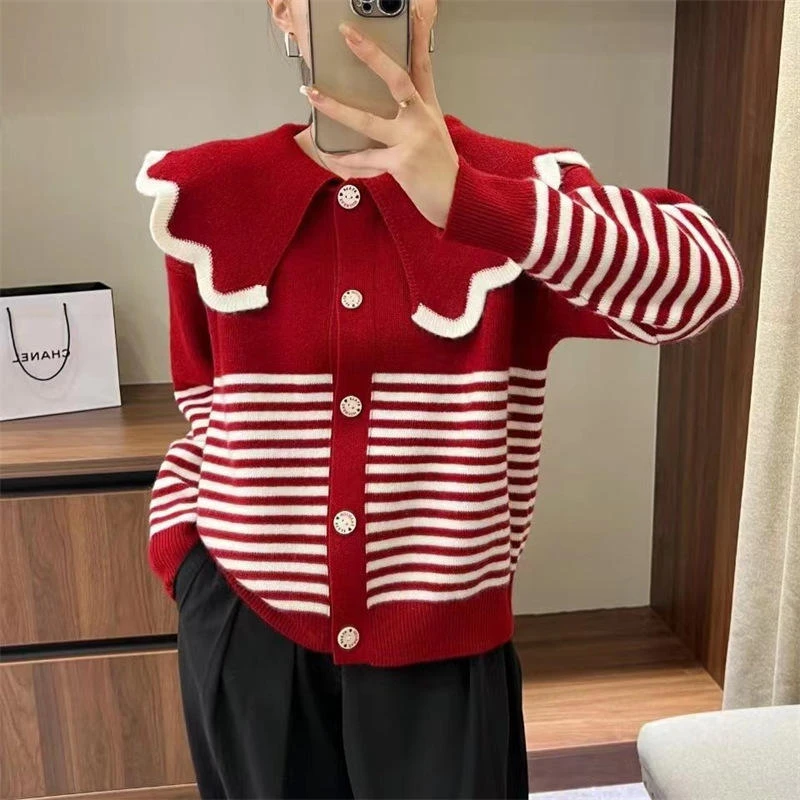 韩版条纹减龄学院风软糯针织衫女外套2025新款荷叶领开衫毛衣上衣