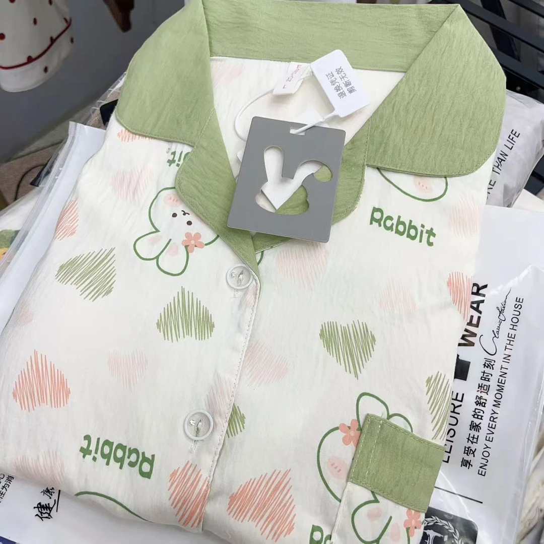 【R516】夏款绿色爱心兔兔短袖短裤+长裤三件套+胸垫【开衫款】
