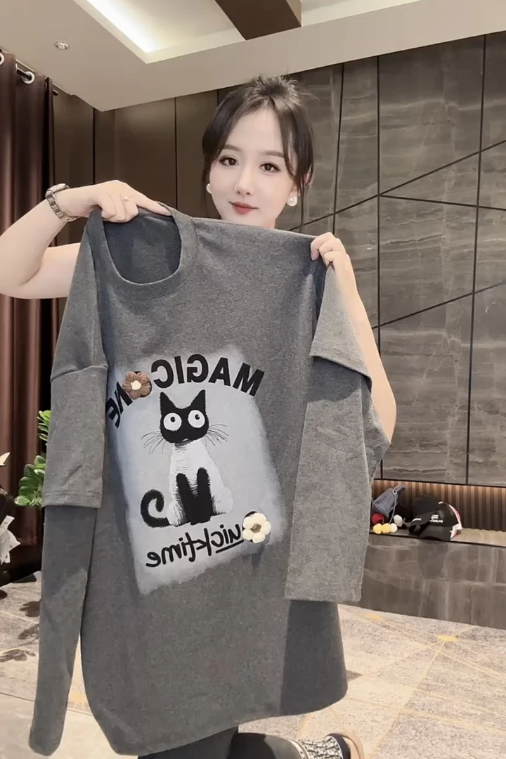 欧货洋气假两件猫咪印花长袖T恤女秋冬新款叠穿宽松打底衫上衣潮