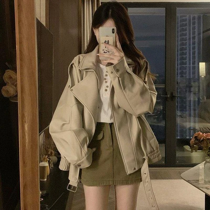 春秋新款重工双层领PU皮衣外套女美式复古宽松廓形机车服重工夹克