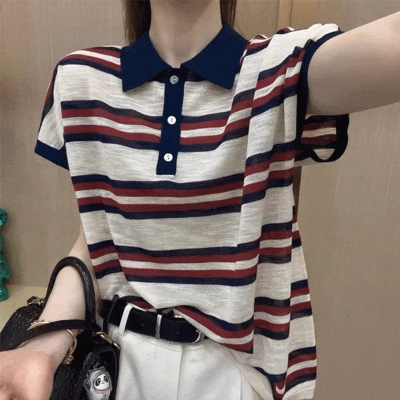 大码女装POLO领条纹短袖针织T夏季新款宽松显瘦休闲百搭洋气上衣