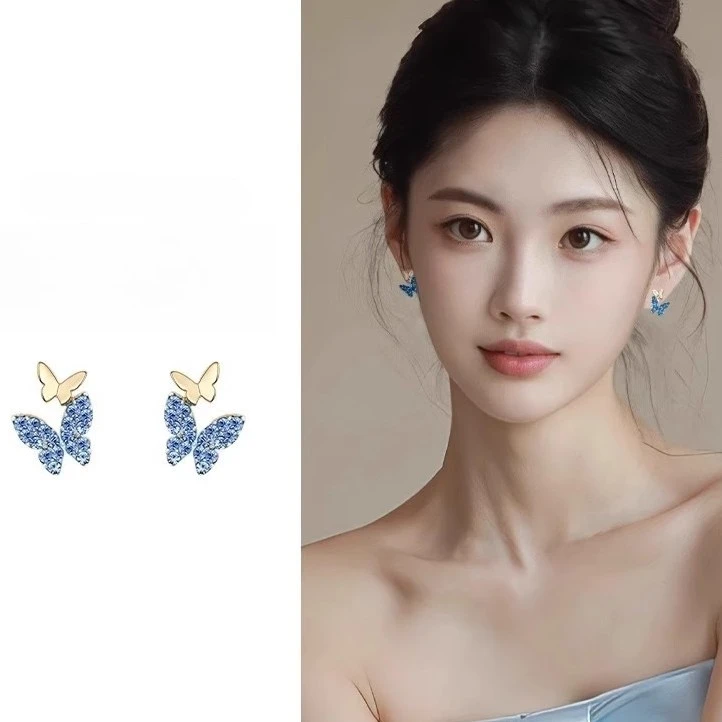 蓝色蝴蝶耳钉女2025新款爆款小众独特耳环精致高级感气质耳饰品