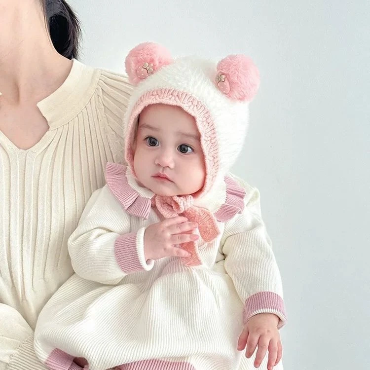 女婴儿帽子秋冬季保暖加厚针织毛绒帽女宝宝可爱小月龄防风毛线帽