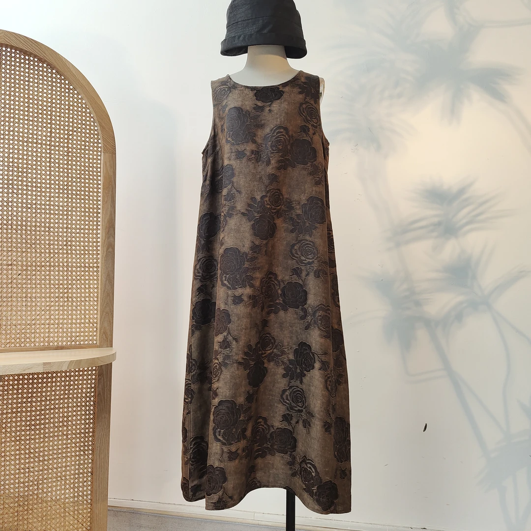 香云纱花罗圆领百搭双面双穿无袖背心连衣裙