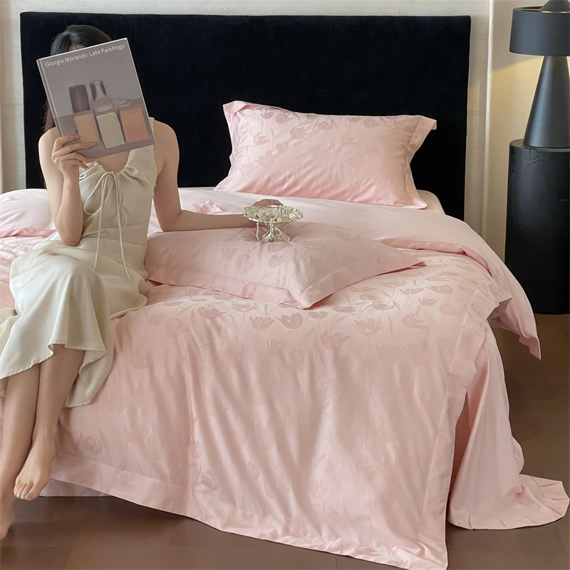 高档长绒棉大提花四件套公主风粉色全棉被套简约纯色被罩纯棉床品