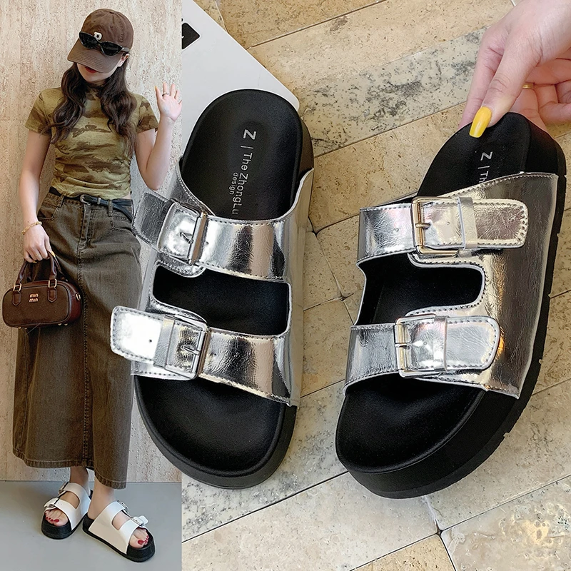 一字型拼色圆头厚款松糕底一字拖外穿沙滩鞋夏季休闲女鞋厚底