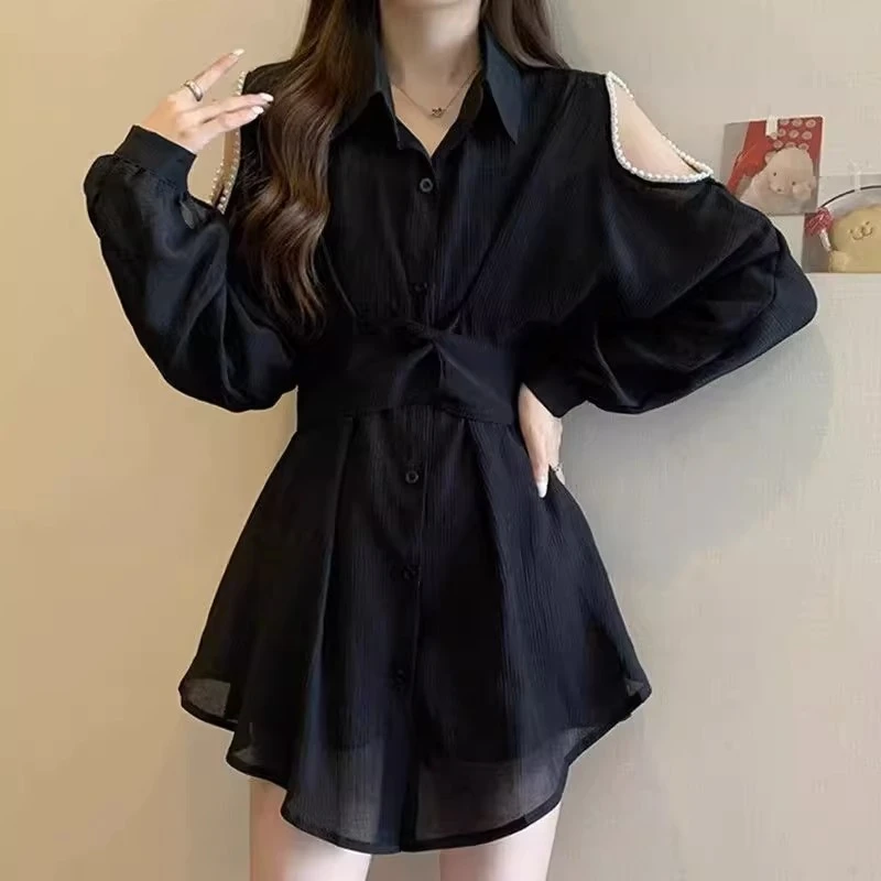 超大码-斤胖珍珠露肩衬衫裙女中长款防晒衬衣短裤两件套潮