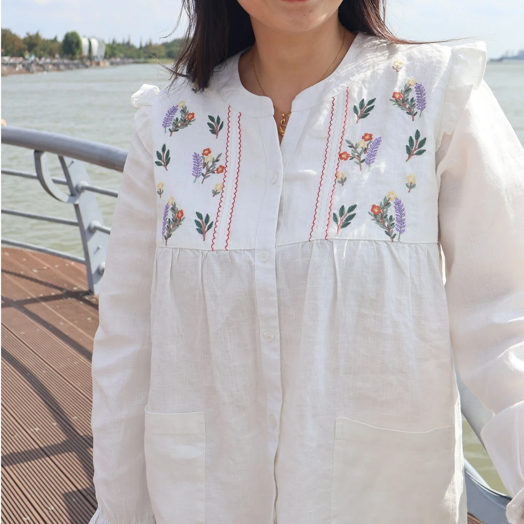 亚麻刺绣长袖家居服套装法风减龄麻白色四季吸汗透气