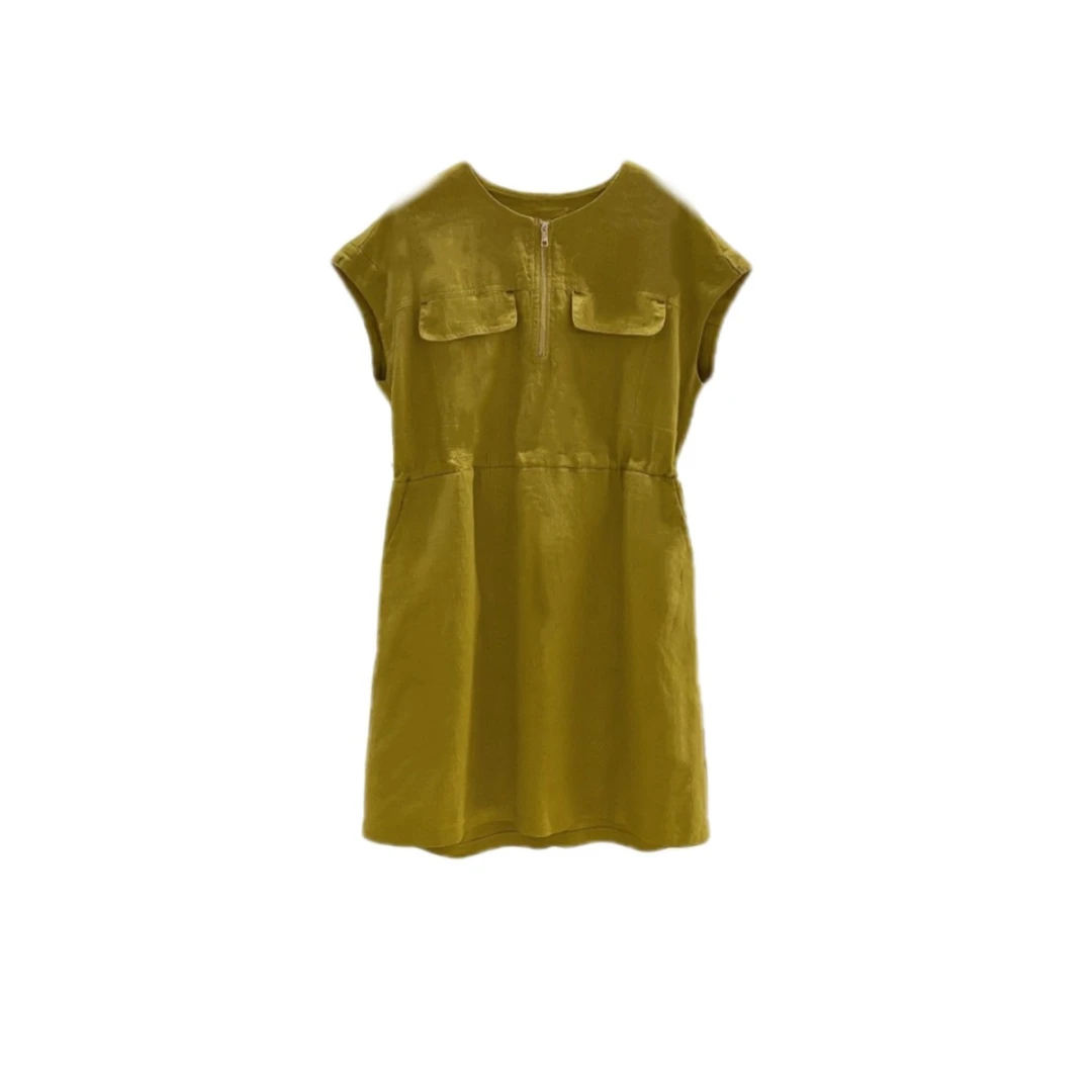 初晓2025年夏季短袖高腰收腰连衣裙气质潮牌 黄色 深蓝 白色 2502