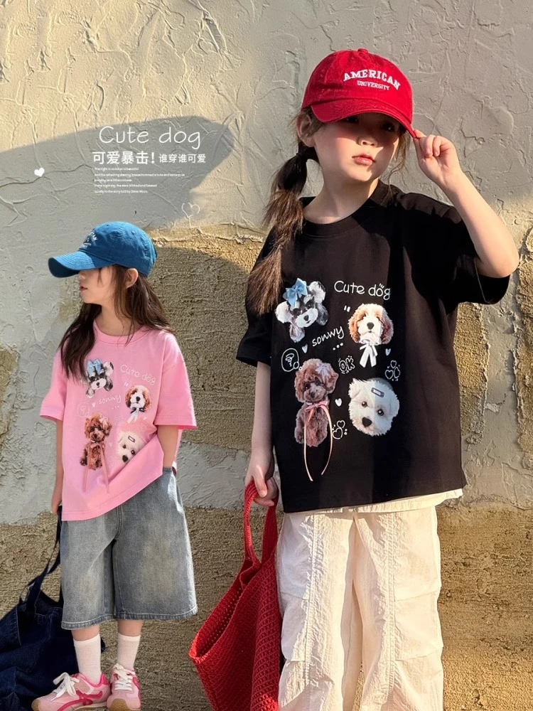 女童短袖T恤2025夏季新款儿童卡通小狗印花上衣宽松中大女童洋气