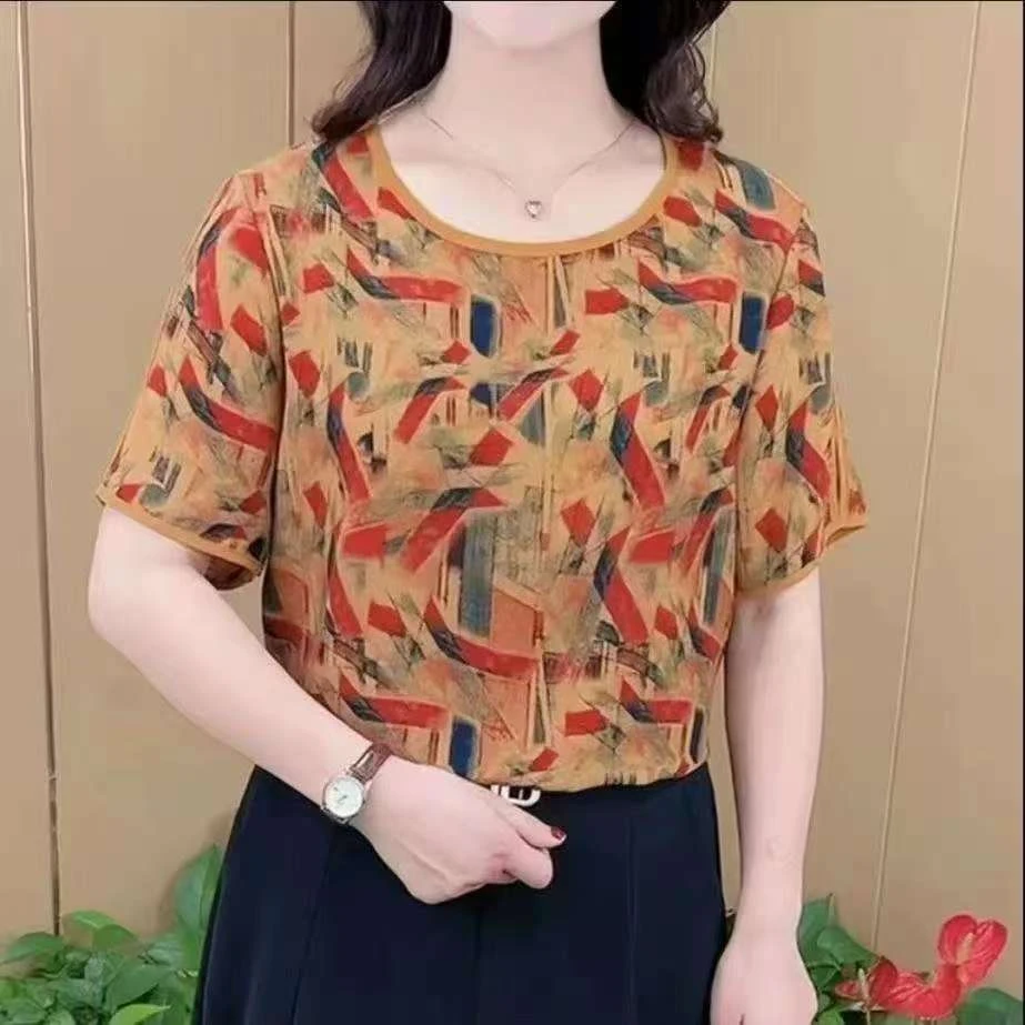 204彩带2025夏装新款时尚洋气打底小衫中老年半袖上衣气质
