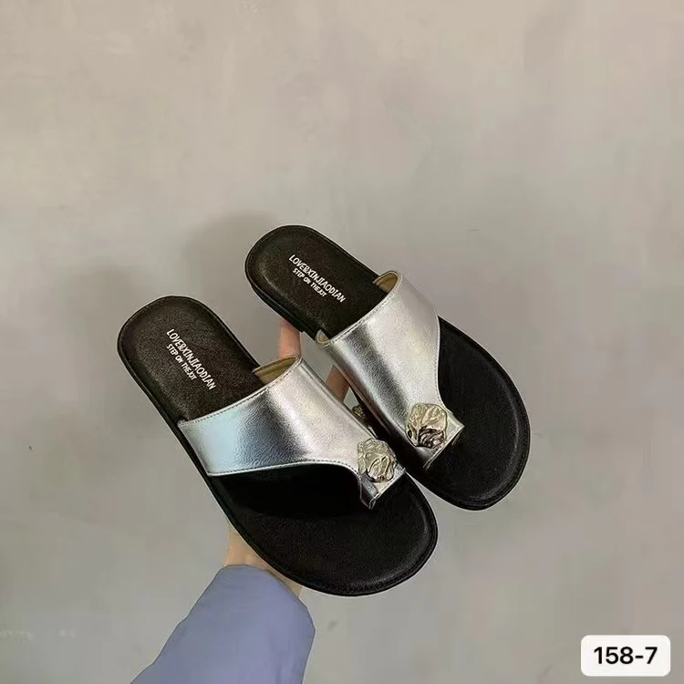 158-7米色银色平底套趾凉拖鞋女外穿