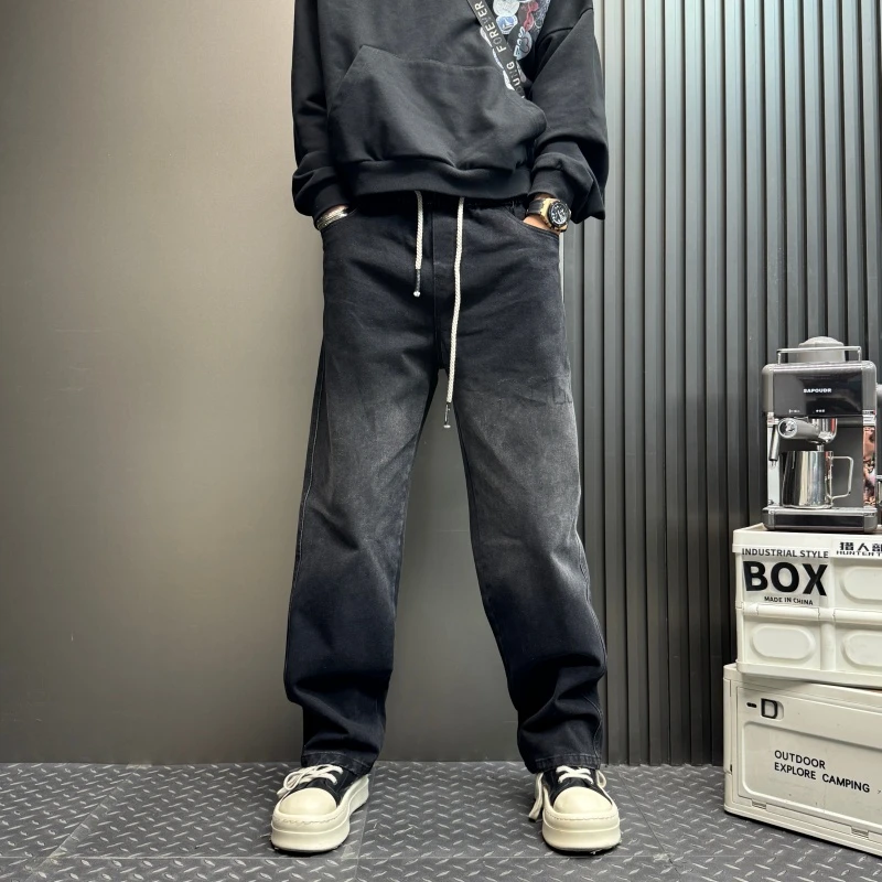 秋冬季新款男士直筒拖地抽绳简约牛仔裤通复古抽绳男士直筒牛仔裤