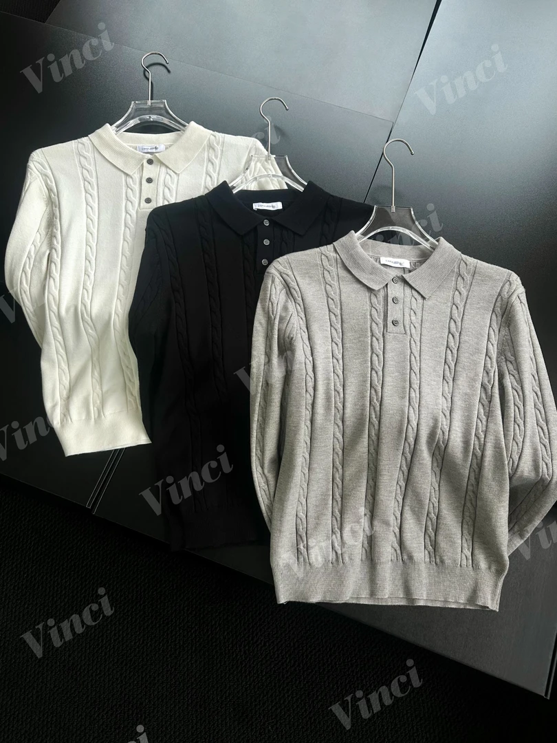 【Vinci】欧美男士针织衫翻领长袖polo衫男款麻花条纹高级感毛衣男