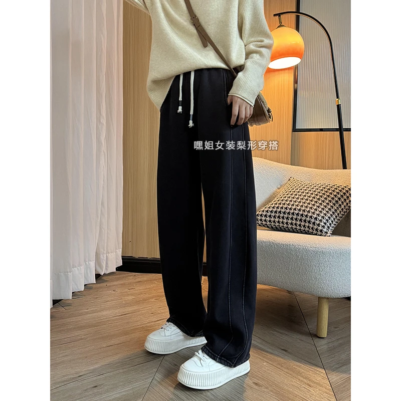 【苦茶】冬季新款韩版百搭显瘦抽绳加绒加厚抽绳弯刀休闲裤女