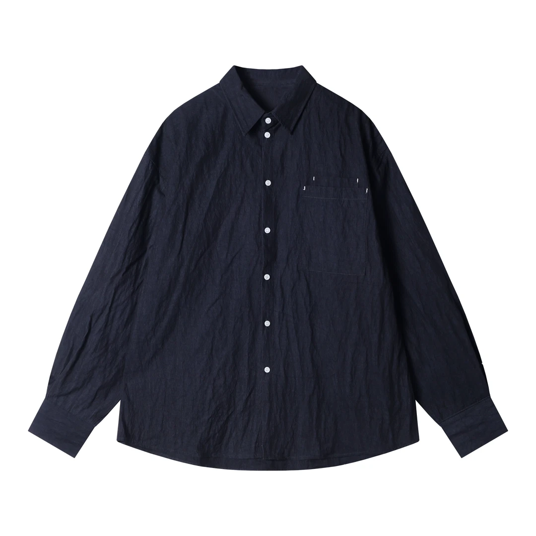 早春新款时尚个性纯色翻领纽扣双口袋设计百搭小众感休闲长袖衬衫