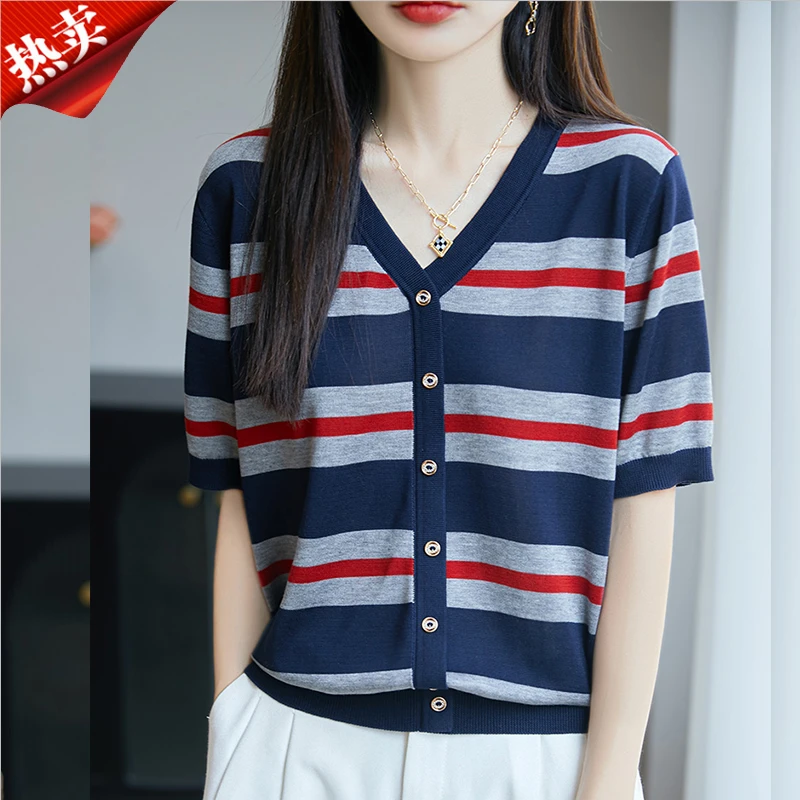 2025新款条纹V领T恤百搭单排扣短袖针织衫上衣夏季薄款显瘦