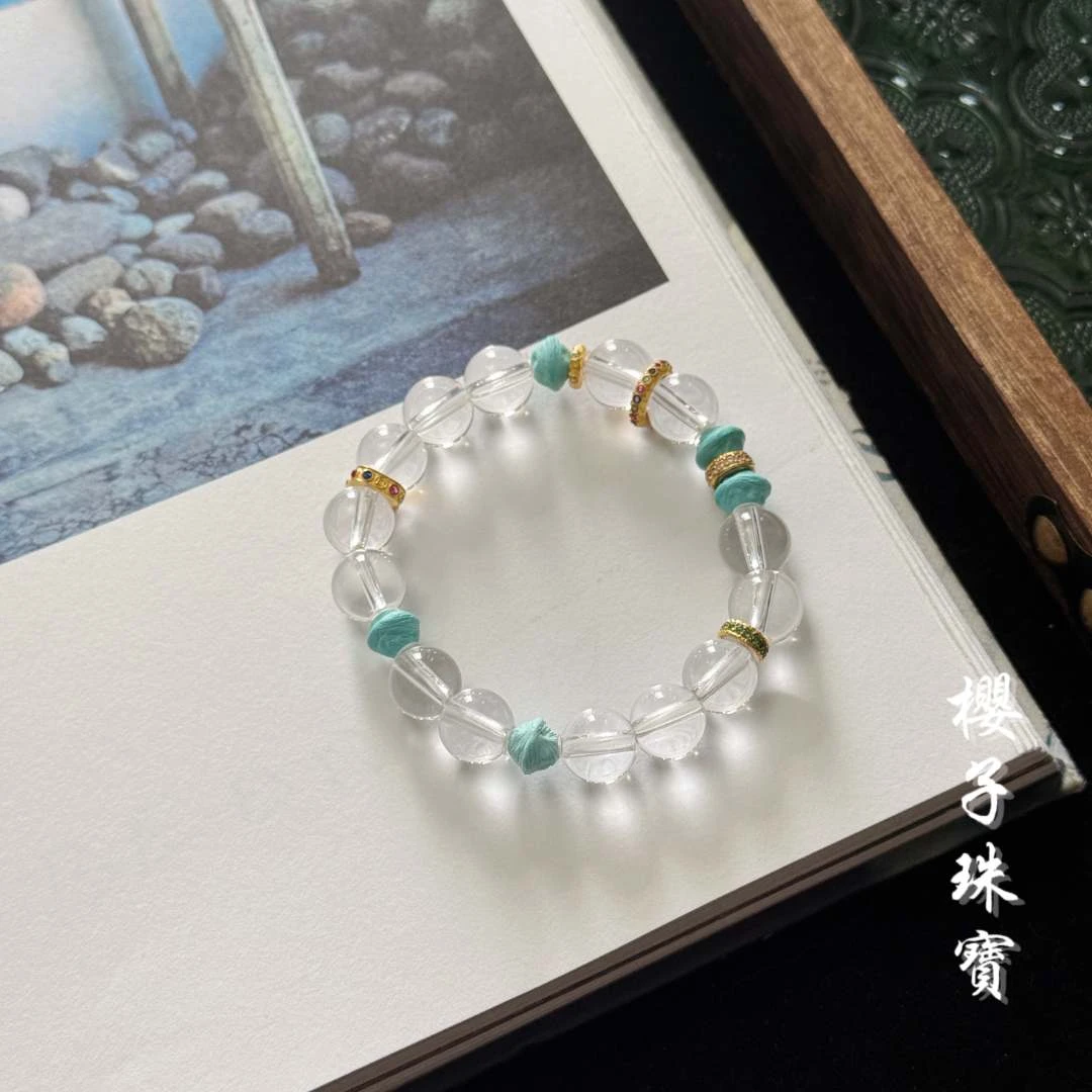 樱子 | 梓意 18K金绿松百香籽双A白水晶圆珠时尚手串*YZBS2089
