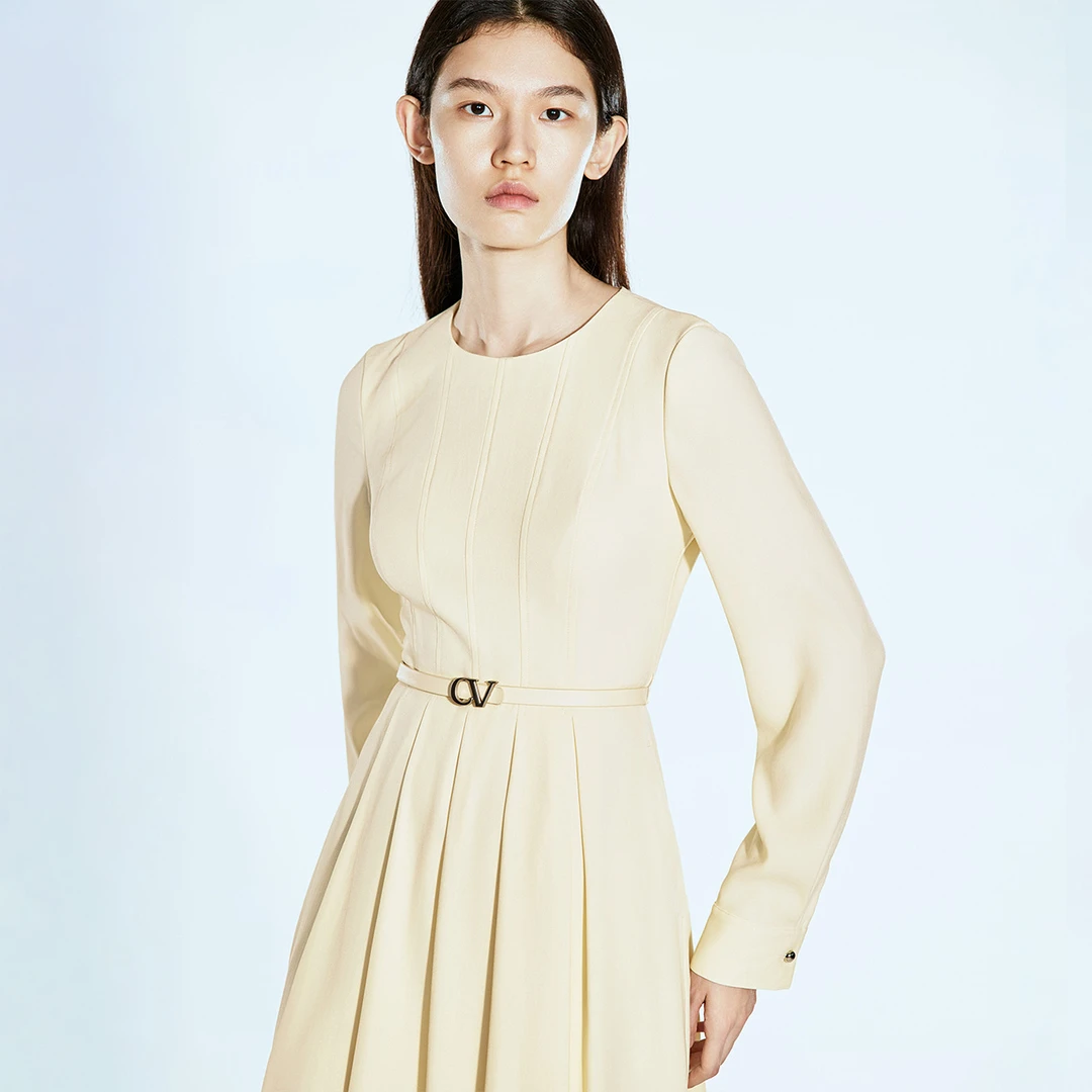 COVERINS2025春季圆领打褶缎面醋酸连衣裙CC35105250