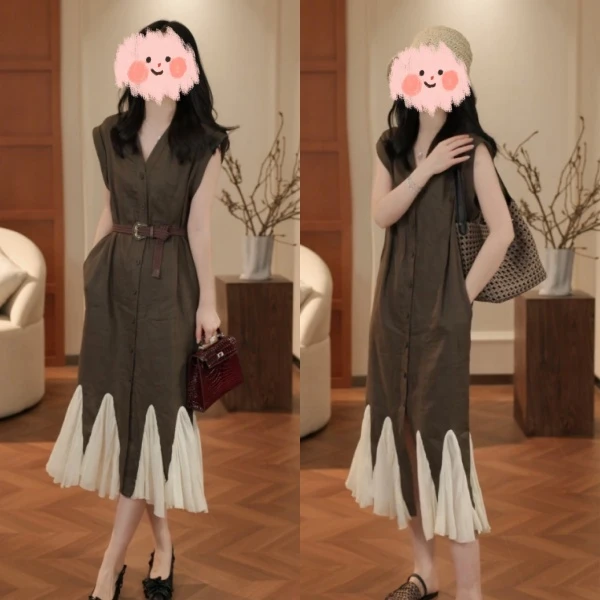 2025年夏季轻奢欧若风百搭设计感亚麻百搭拼接连衣裙女