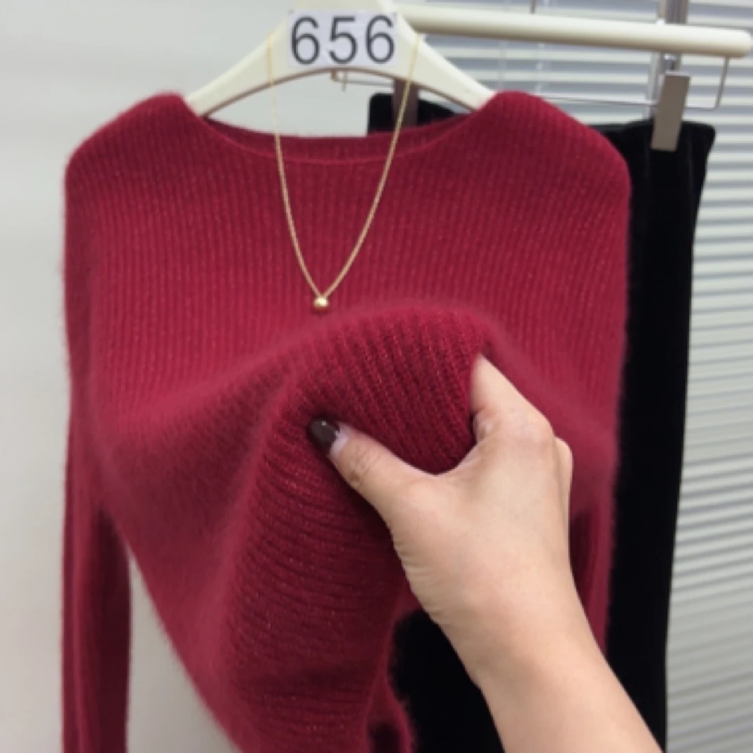 小一字领】新年装韩版慵懒风带亮丝厚款时尚百搭女士全羊毛衫1.23