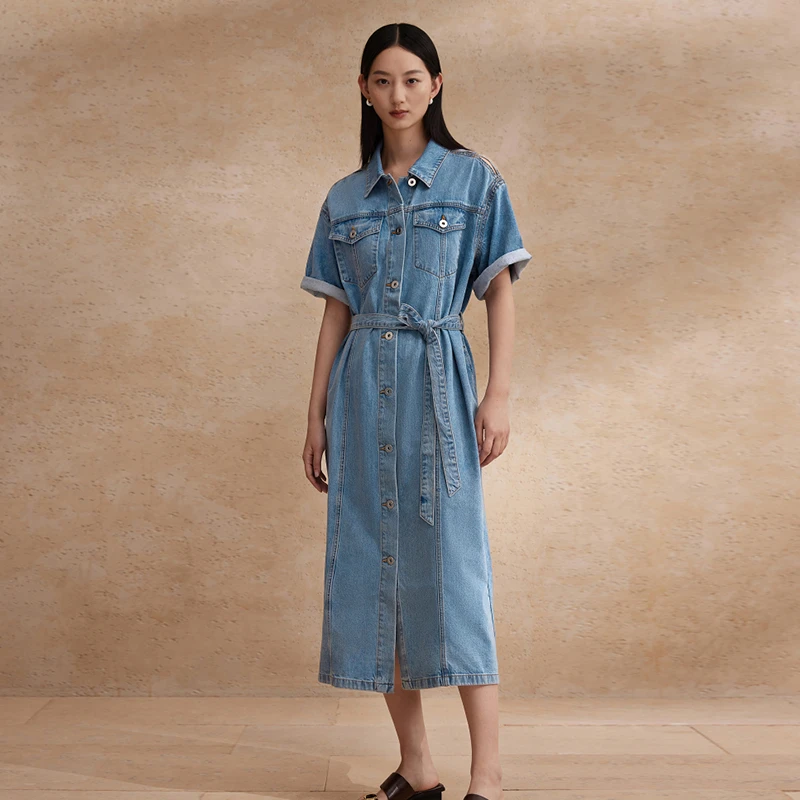 播软牛仔连衣裙高级中长款复古系带收腰长裙DDR2LD5655