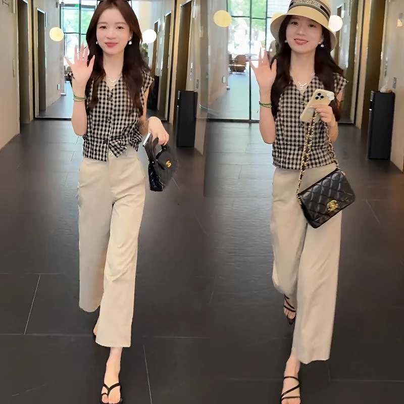 时尚套装女宽松夏季新款短款V领格子衬衫休闲九分阔腿裤两件套潮